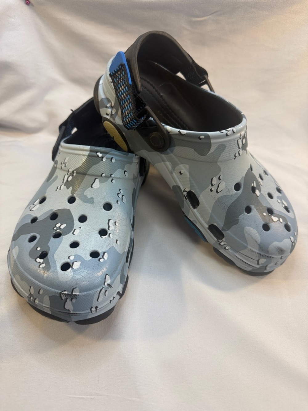 CROCS Men's Gray Camo Slip-On Clog with Black Strap and Blue Accent